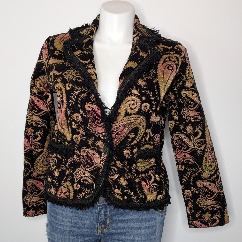Chico's Black Pink Green Paisley Tapestry Fringe Button Up Jacket M